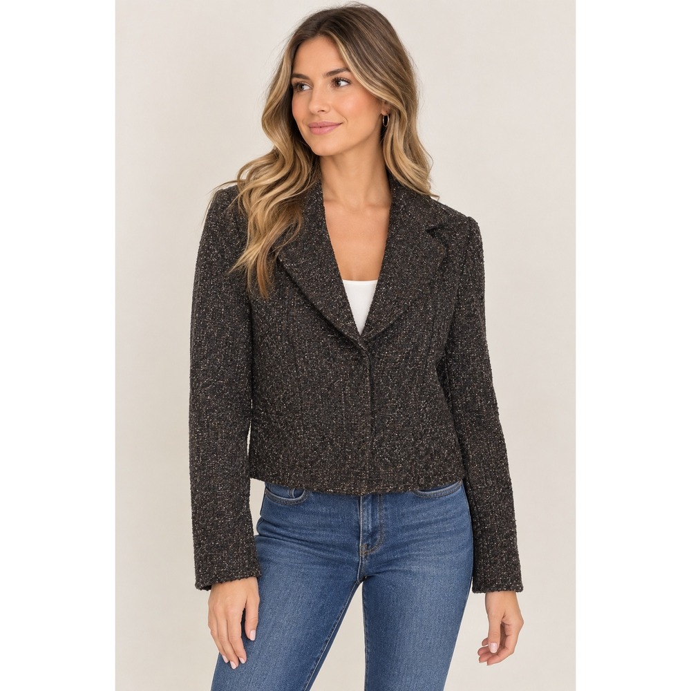 Ann Taylor Womens Blazer 4 Brown Fine Italian Tweed Cropped Jacket Quiet Luxury